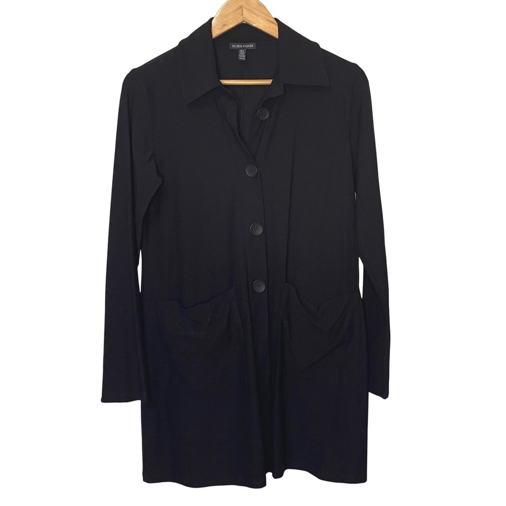 Eileen Fisher Black Open Long Cardigan Jacket XS Button Front Pockets Minimalist